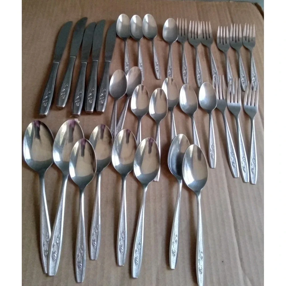 Vintage Stainless Steel Flatware‎ Set Knives Spoons Forks Floral Design